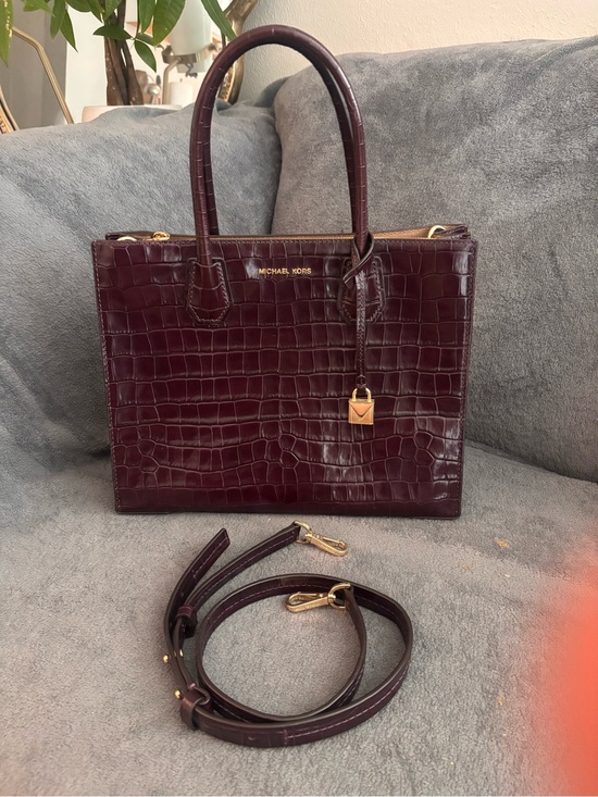 Michael Kors Handbags - Gorgeous Michael Kors Croc-Embossed Satchel in Burgundy with Gold Hardware